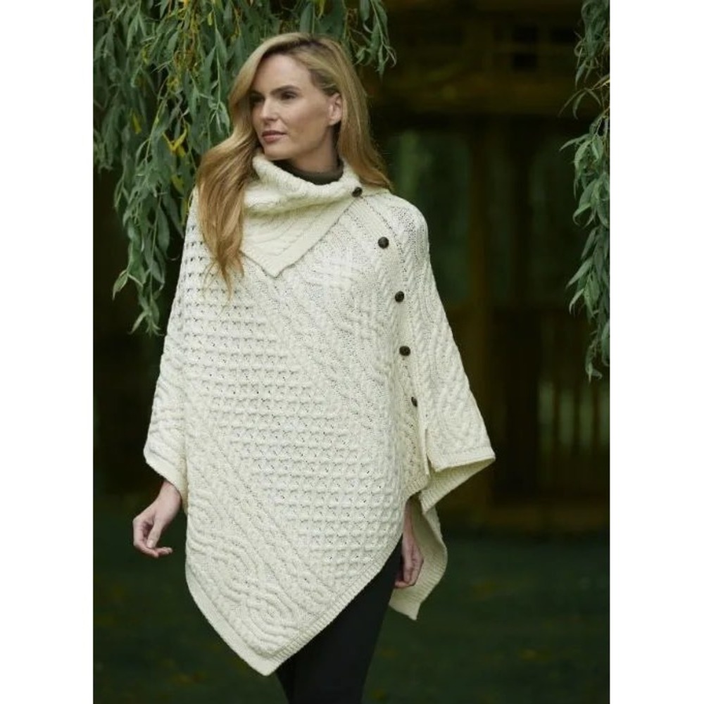Aran Crafts Ireland Cowl Neck Poncho Buttons Natural Cream NEW Womens S/M